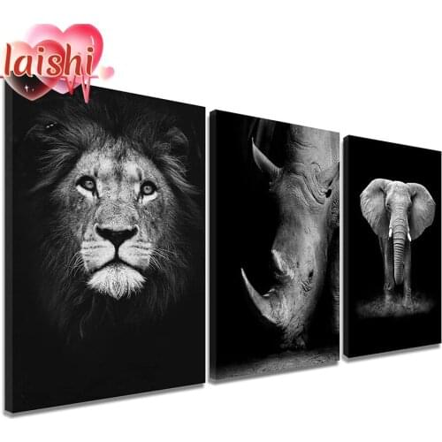 3pcs Elephant rhinoceros, lion, animal art diamond painted full diamond square round diamond mosaic pattern home decoration
