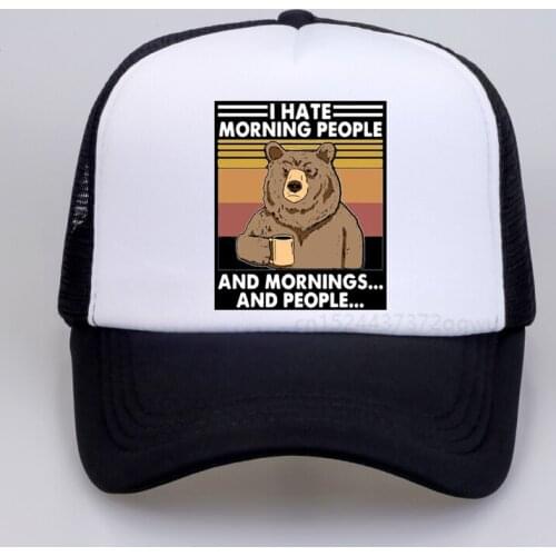 Camping Bear I Hate Morning People and Mornings and People Print Men Baseball cap Summer Mesh Breathable Women sunhat bone