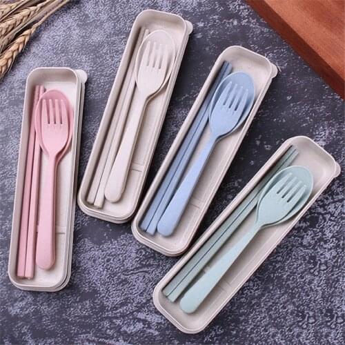 3pcs/set Travel Cutlery Portable Box Japan Style Student Dinnerware Sets Wheat Straw Fork Spoon Chopsticks Kitchen Tableware