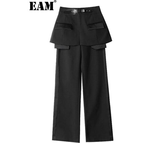 [EAM] 2021 New Spring Autumn High Waist Black Belt Split Joint Personality Loose Pants Women Trousers Fashion Tide JQ781