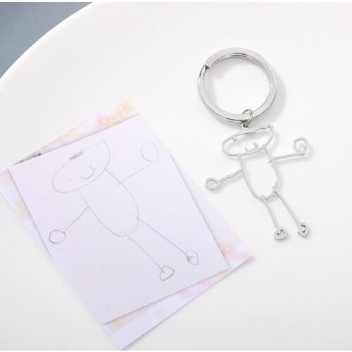 Customized Childrens Drawing Gold Silver Keychain Stainless Steel Kids Art Personalized Custom Name Keyring Christmas Kids GIFT