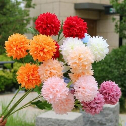 10Pcs Fake Long Stem Chrysanthemum Ball (3 heads/ piece) 25.98" Simulation Round Hydrangea for Wedding Home Artificial Flowers