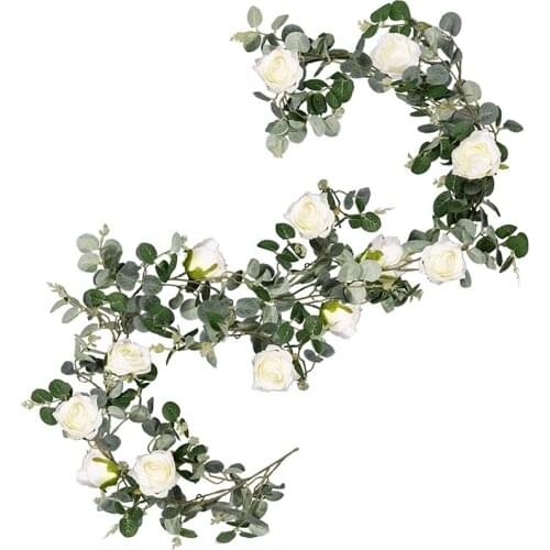 Artificial Dollar Eucalyptus Garland with Roses,Faux Eucalyptus Leaves Vine Hanging for Indoor&Outdoor Wall Decor