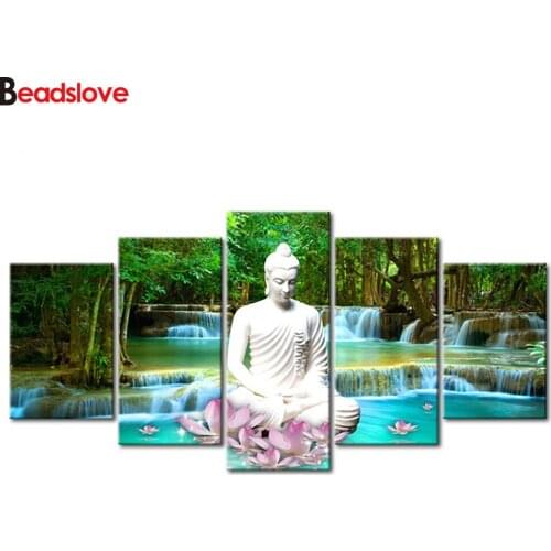5 Pieces Home Decoration Waterfall lotus Buddha Diamond painting 3d Picture Handmade Embroidery Full Square round Drill