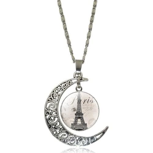Fashion Cute Crystal Eiffel Tower Necklace Women Vintage Chain Moon and Sun Pendant Necklace Female Jewelry Friends Party Gift