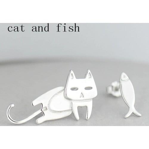 Fashion Cat Fish Stud Earrings Personalized Creative Earrings for Women Girls Kids Jewelry Silver Asymmetric Animal Accessory
