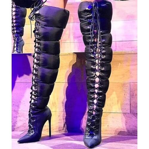 Fashion Woman Space Cloth Lace Up Thigh Boots Pointed Toe Thin Heels Over the Knee Boots Lady Bandage Boots