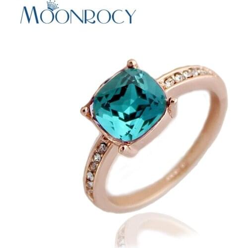 MOONROCY Free Shipping Fashion Jewelry Wholesale Rose Gold Color Square Blue Crystal Ring Rose Gold Color for Women Wedding Ring