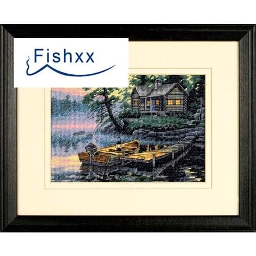 Fishxx Cross Stitch Kit C735 Landscape Forest Pastoral Morning Hut and Boat Study Living Room Hanging Painting Hand Sewing