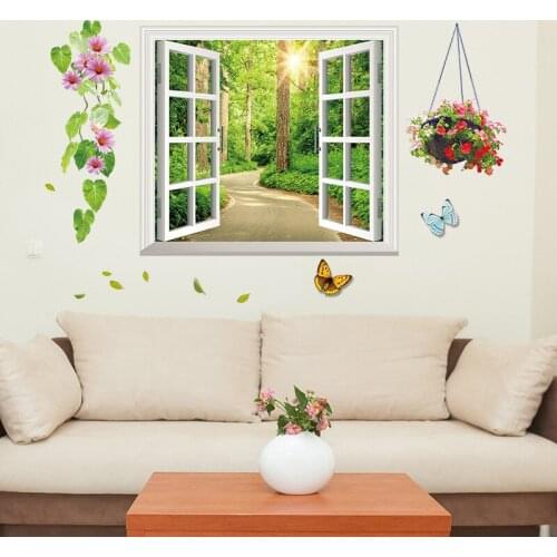 Fake Window Butterfly Landscape Forest Park Wall Stickers DIY Flowers Wall Decals Living Room Bedroom Decoration Home Decor Art