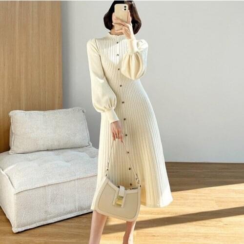 2021 Autumn Winter Soft Sweater Dress Women Warm Puff Long Sleeve Knit Dress Female Casual Dress Vestidos