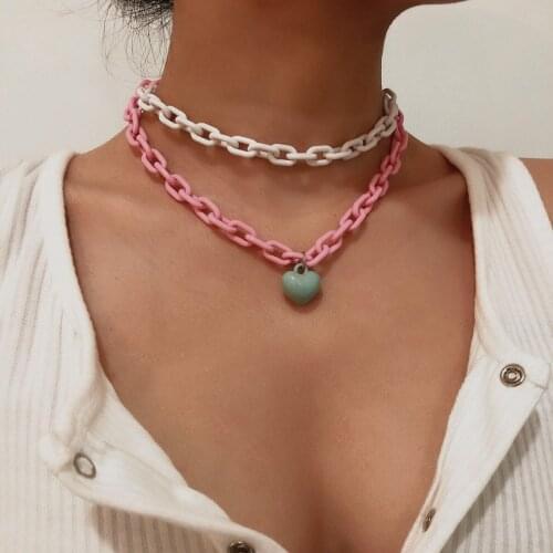 Candy Color Heart Pendant Necklace Fashion Jewelry Choker Necklaces For Women Geometric Sweet Kpop Multilayer Acrylic Chain