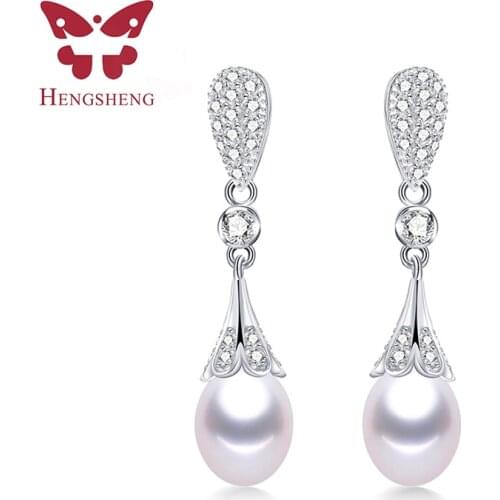 Clearance Sale!100% Natural Freshwater Pearl Drop Earrings 925 Sterling Silver AAA Zircon Brand Wedding & Engagement Jewelry