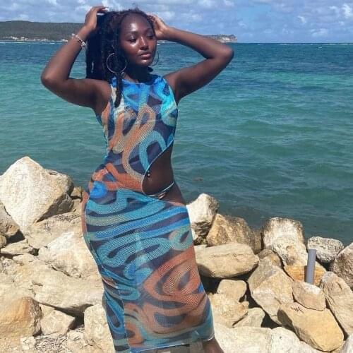 Women Summer Sundress Irregular Printing Sheer Hollow Waist O-Neck Sleeveless Jumper Skirt for Girls Blue