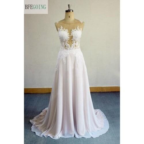 Ivory Chiffon Lace Sleeveless Floor-Length A-line Wedding dress Bridal gown Court Train Custom made
