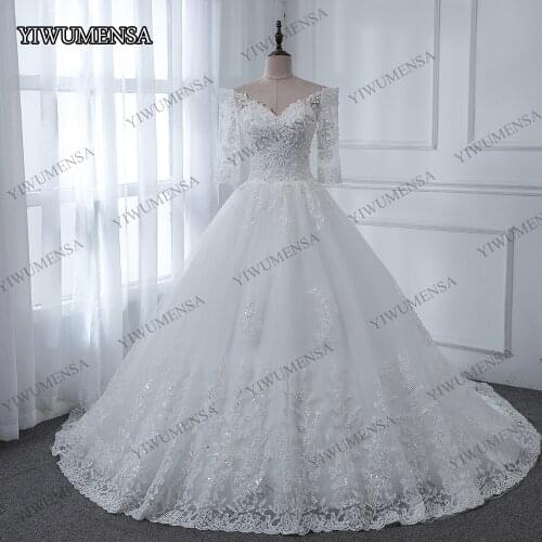 Dubai Africa Royal Train Sequined Lace Wedding Dress 2020 3/4 Sleeves V Neck Bridal Gowns Custom Made Elegant Marriage Dresses