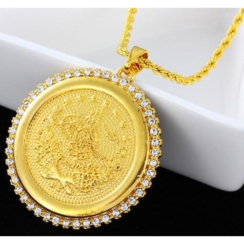 High Quality Classic Mens Gold Round Pendant Necklace Islam Religious Style Amulet Necklace