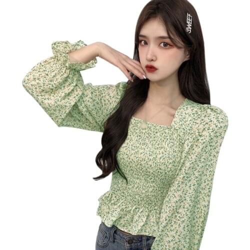 Womens Sweet Floral Chiffon Shirt With Square Collar And Ruffle Trim Long Sleeve Blouses 2021