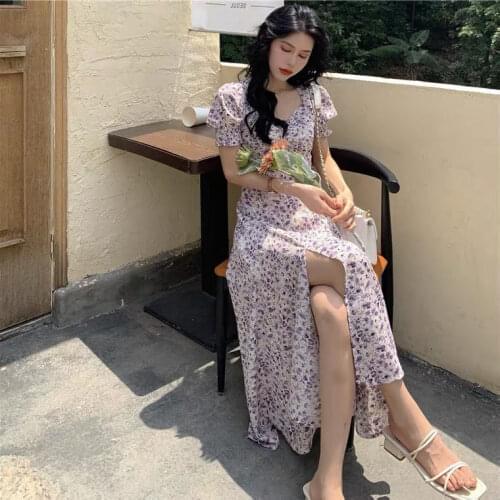 Summer Dresses 2021 Vintage V-Neck Floral Print Puff Sleeve High Split Sexy Dress Women Vestido Elegante Korean Female Clothing