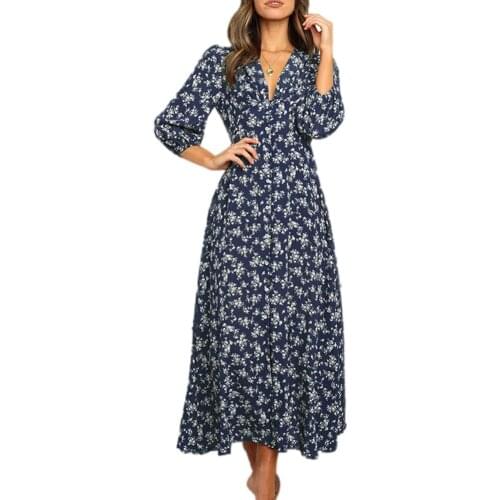 Plus size Women Dress Spring Autumn Stylish Printing Long Sleeves High Waist Chiffon V Neck Loose Elegant Maxi Dress 2021