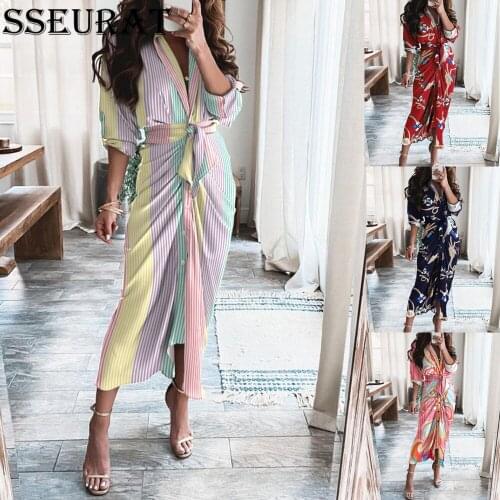 SSEURAT Sashes Fall Dress Woman Long Dresses for Women Long Sleeve Shirt Dress with Wrap Belt Casual Button Print Sundress