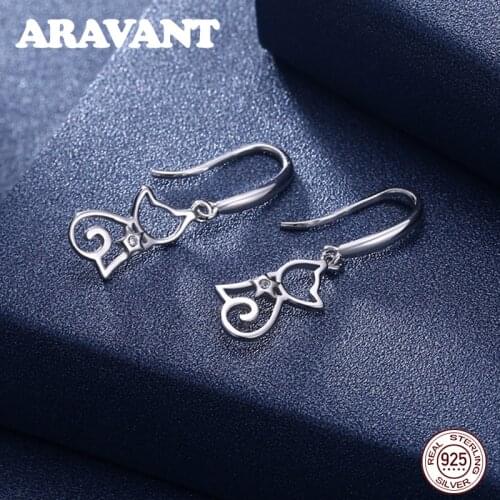 100% 925 Sterling Silver Cute Little Cat Drop Earrings For Women Sterling Silver Jewelry