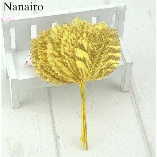 12pcs 4cm Nylon Silk Leaf Gold Leaves Artificial Flower For Wedding Decoration DIY Wreath Gift Scrapbooking Craft Fake Flower