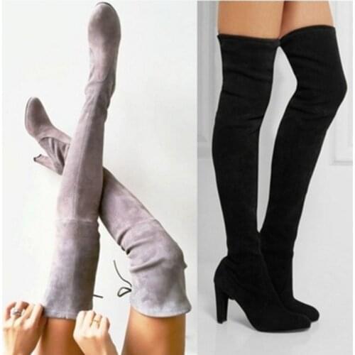 2019 Women Thigh High Boots Fashion Suede Leather High Heels Lace Up Female Over The Knee Boots Plus Size Shoes Knee High Boots