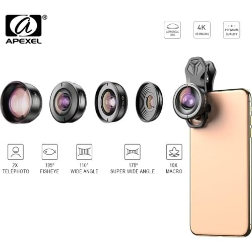 APEXEL 5in1 Mobile Phone Lens Case&Clip Kit HD Fisheye Wide Angle 4K Macro Telescope Lens for Samsung iPhone and All smartphone