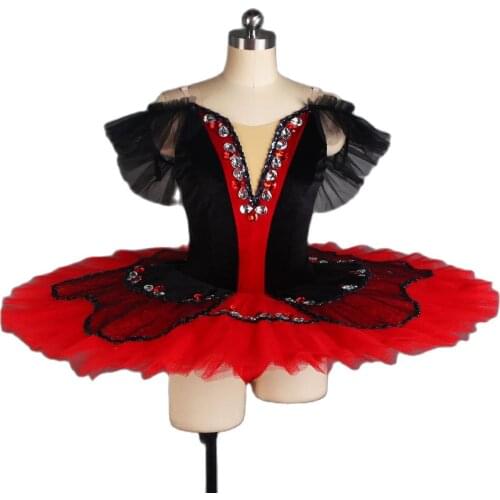 Black and Red Velvet Bodice with 7 Layers of Pleated Tulle Pancake Tutu Adult Professional Ballet Dance Tutu Dress BLL412