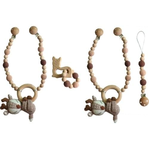 Baby Pram Stroller Hanging Pendant Pacifier Chain Clip Infants Wooden Teether Bracelet Rattle Nursing Chewing Toys