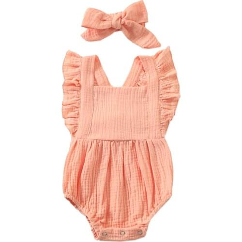 Baby Girls Romper with Headband Solid Color Square Collar Sleeveless Ruffled Bodysuit+ Hairband for Girls, 0-24 Months