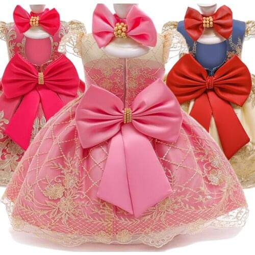 Baby Girl 1 Year Birthday Dress Infant Party Dresses Cute Bow Dress Lace Christening Gown Toddler Girls Clothes With Headband