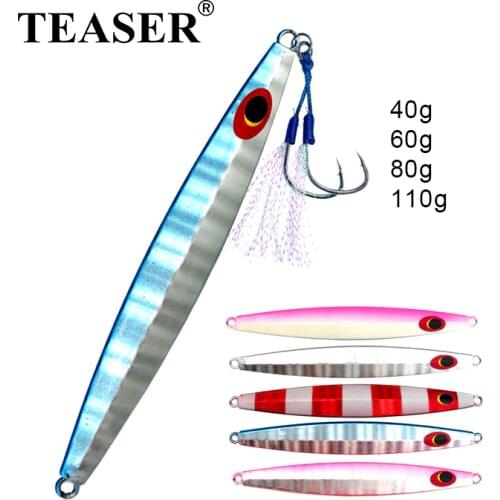 TEASER 40g 60g 80g 110g Slow Fall Sinking Fishing Jig Lure Micro Jigging Crankbait With Assist Hooks Artificial Glow Jigs Tackle