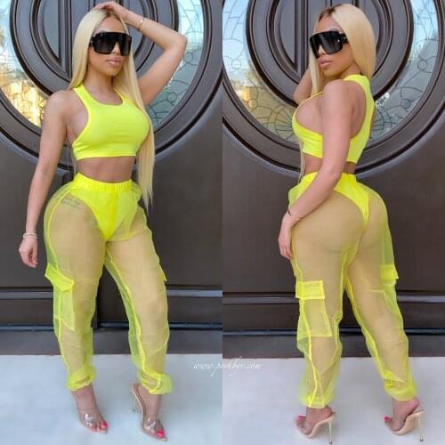 Fluorescent Yellow Vest Mesh Trousers Suit Hip-Hop Street Dance Sportswear Nightclub Bar DS Female Singer Party Clothes DWY4221