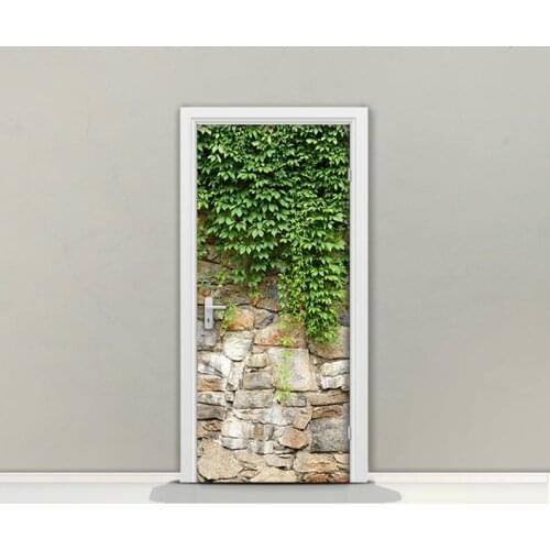 Hot Door Mural Green Leaf Brick Wall Door Sticker DIY Self-adhesive Waterproof Wallpaper Poste for Home Decoration Gift
