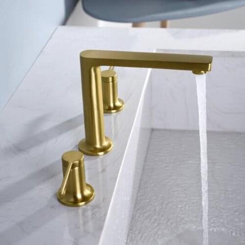 Brushed gold three holes two handles bathroom sink faucet brass cold hot basin mixer faucet high quality basin tap