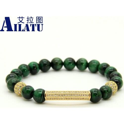Ailatu Fashion Men & Women Jewelry Wholesale 8mm A Grade Green Tiger Eye Stone Micro Inlay Clear Cz Tube Beaded Bracelets