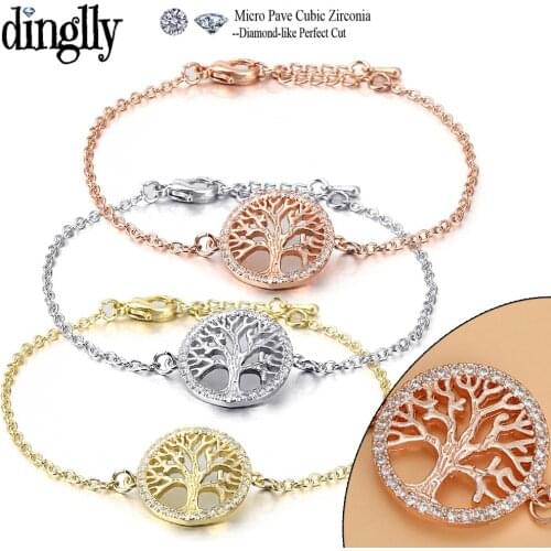 Dinglly Fashion Simple Cubic Zirconia Tree Of Life Charm Bracelets For Women Lobster Clasp Bracelet Lovers Girls Family Gift
