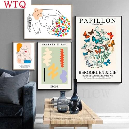 Picasso Matisse Gallerie Wall Pictures Colorful Butterfly Exhibition Posters Art Canvas Print Abstract Painting Interior Decor
