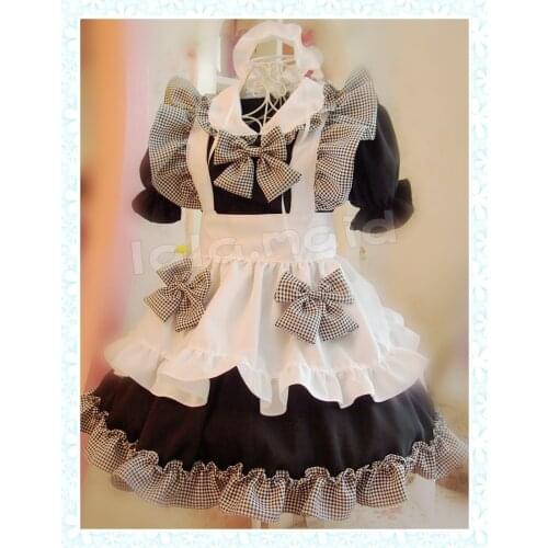 Cute Girls Japanese Maid Dress Black&White Plaid Checks Lolita Cosplay Costume