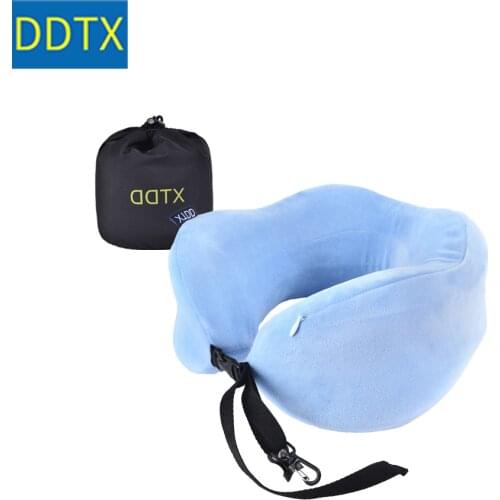 DDTX Travel Pillow 100% Pure Memory Foam Neck Pillow Comfortable Breathable Cover Machine Washable Airplane Travel Blue