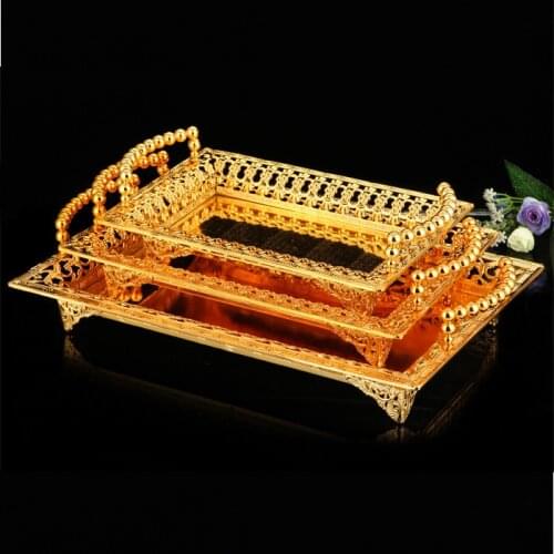 Luxury silver gold plated rectangle metal serving tray dessert tray breakfast tray with handle home wedding party decoration 597