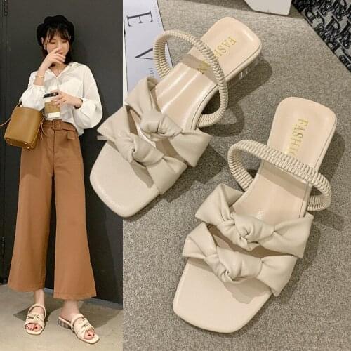 All-match external wear ladies sandals summer new fashion trend sweet bow square head crystal mid-heel slippers
