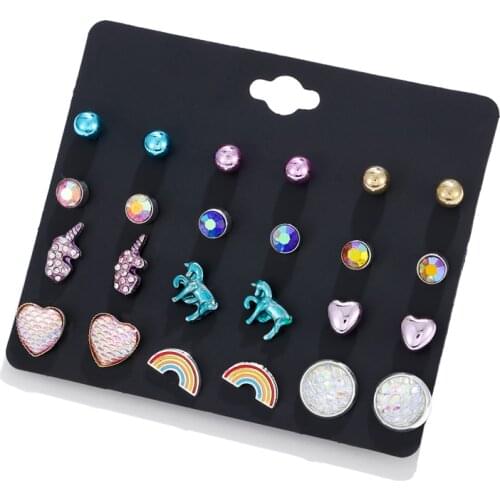 LUXSHINE 12 Pairs/lot Unicorn Licorne Rainbow Stud Earring Set Women Dazzling Mermaid Scale Rhinestone Earrings Valentines Day