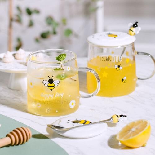 Cartoon Little Bee Glass Cup Ceramic Lid Spoon Transparent Creative Office Water Cup Womens Mug Large Capacity Flower Tea Cup