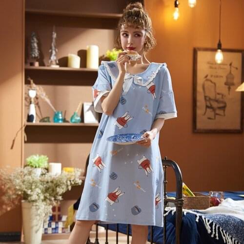 Women summer cute cartoon nightwear female cotton candy princess sleepwear lapel loose sweater soft shirts female homewear