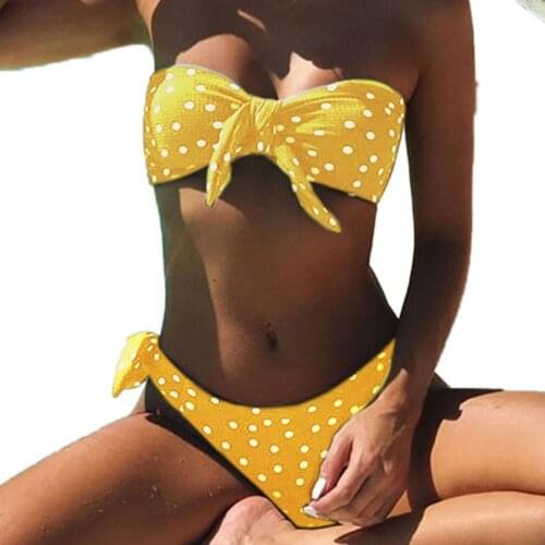 Summer Bikinis Women Dot Print Bowtie Strapless Bra Briefs Bikini Set Sexy Beach Swimsuit 2Pcs купальник женский