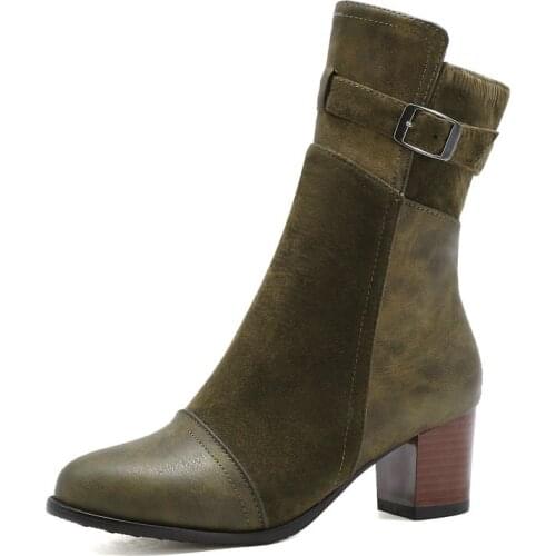 Women Fashion Fall Winter Ankle Boots Pointed Toe Thick High Heel Modern Boots Zip Belt Buckle Retro British Style Lady Shoes