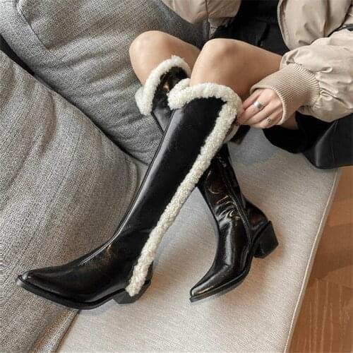 2021 Real Leather Western Boots Women Long Boots Pointed Toe Block Heel Zip Keep warm Knee High Boots Winter Boots black beige